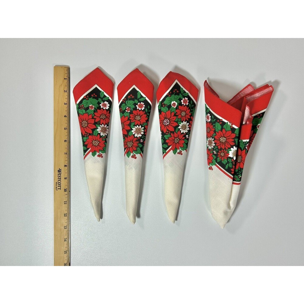 Vintage Set of 4 made in Brazil Christmas Poinsettia Holiday Napkins Cotton